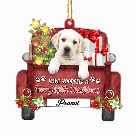 Personalized Yellow Labrador Retriever Red Truck Christmas Aluminum Ornament