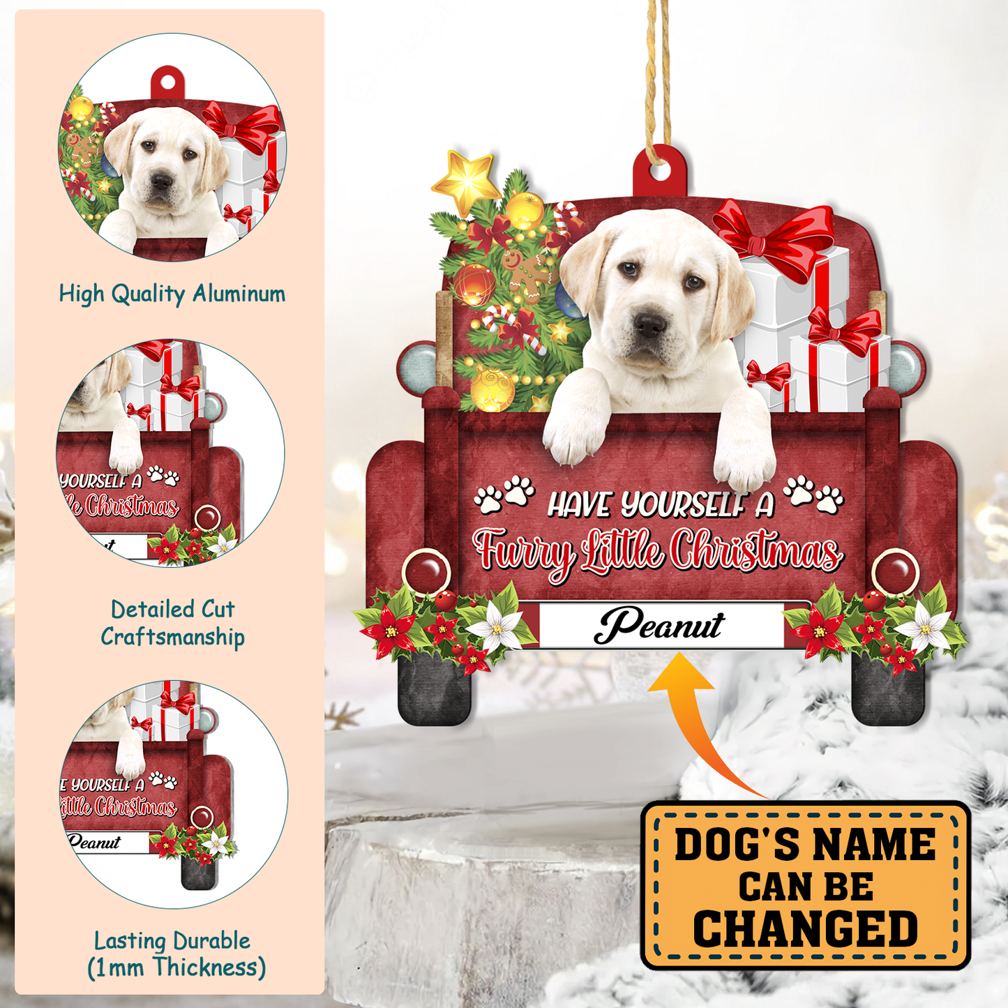 Personalized Yellow Labrador Retriever Red Truck Christmas Aluminum Ornament