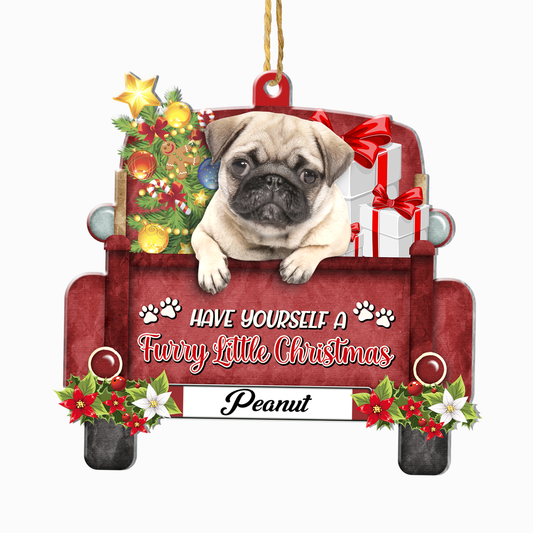 Personalized Brown Pug Red Truck Christmas Aluminum Ornament