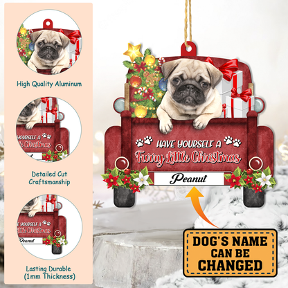 Personalized Brown Pug Red Truck Christmas Aluminum Ornament