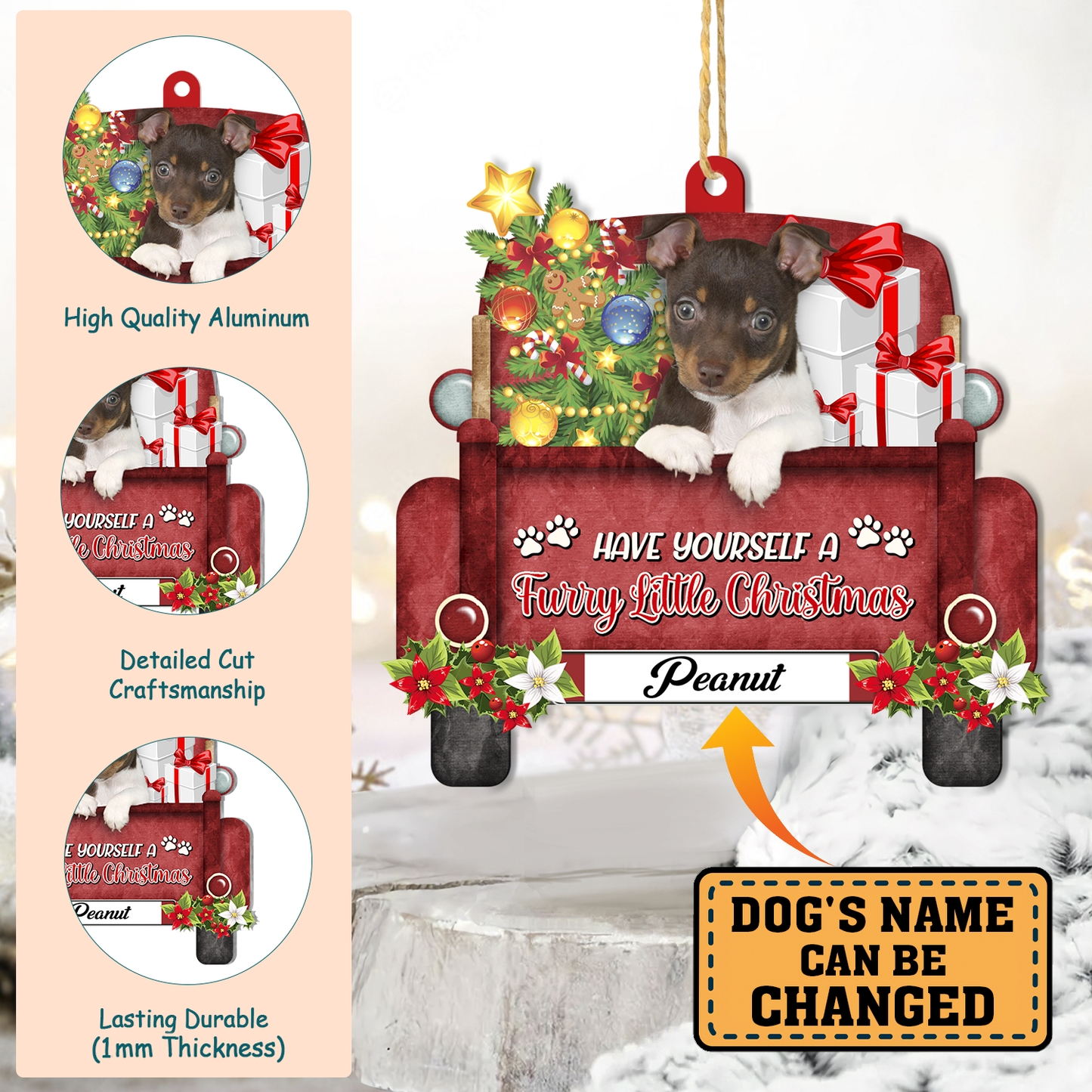 Personalized Rat Terrier Red Truck Christmas Aluminum Ornament