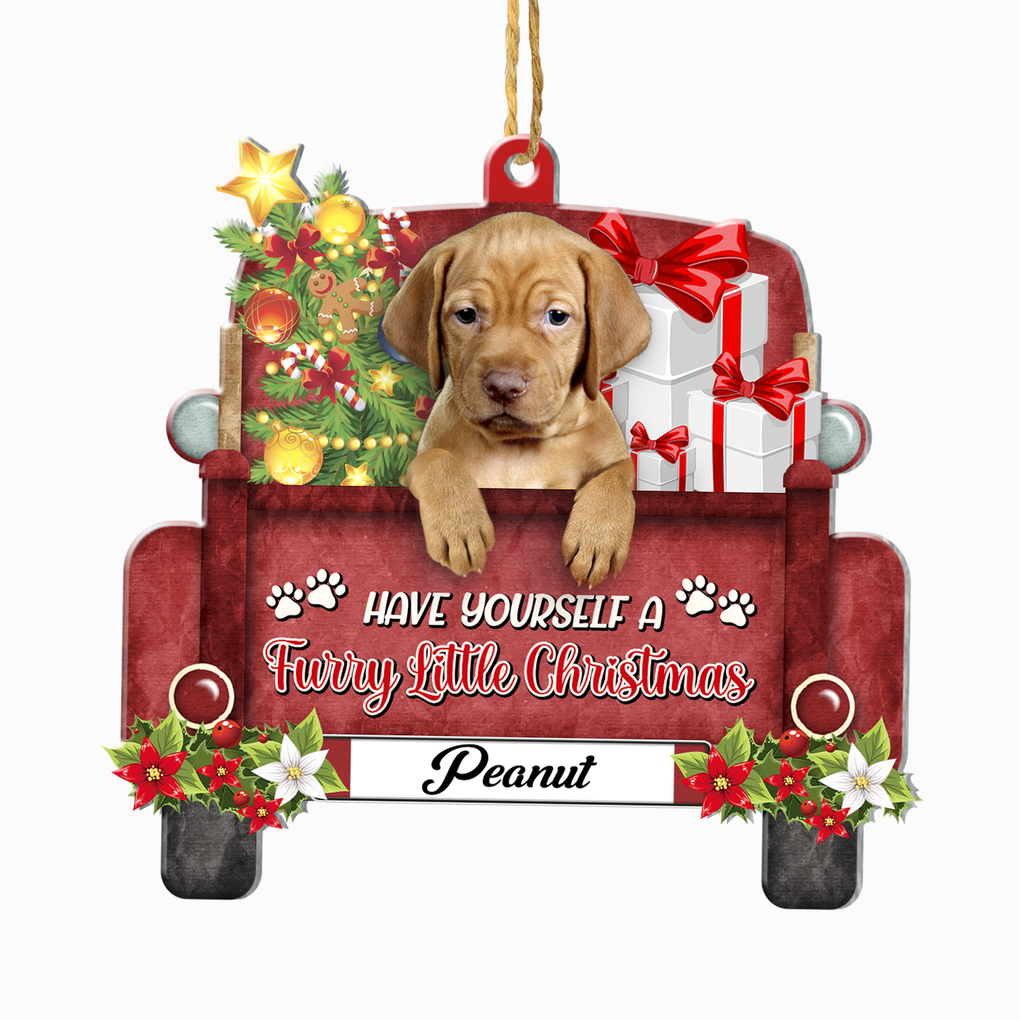 Personalized Vizsla Red Truck Christmas Aluminum Ornament