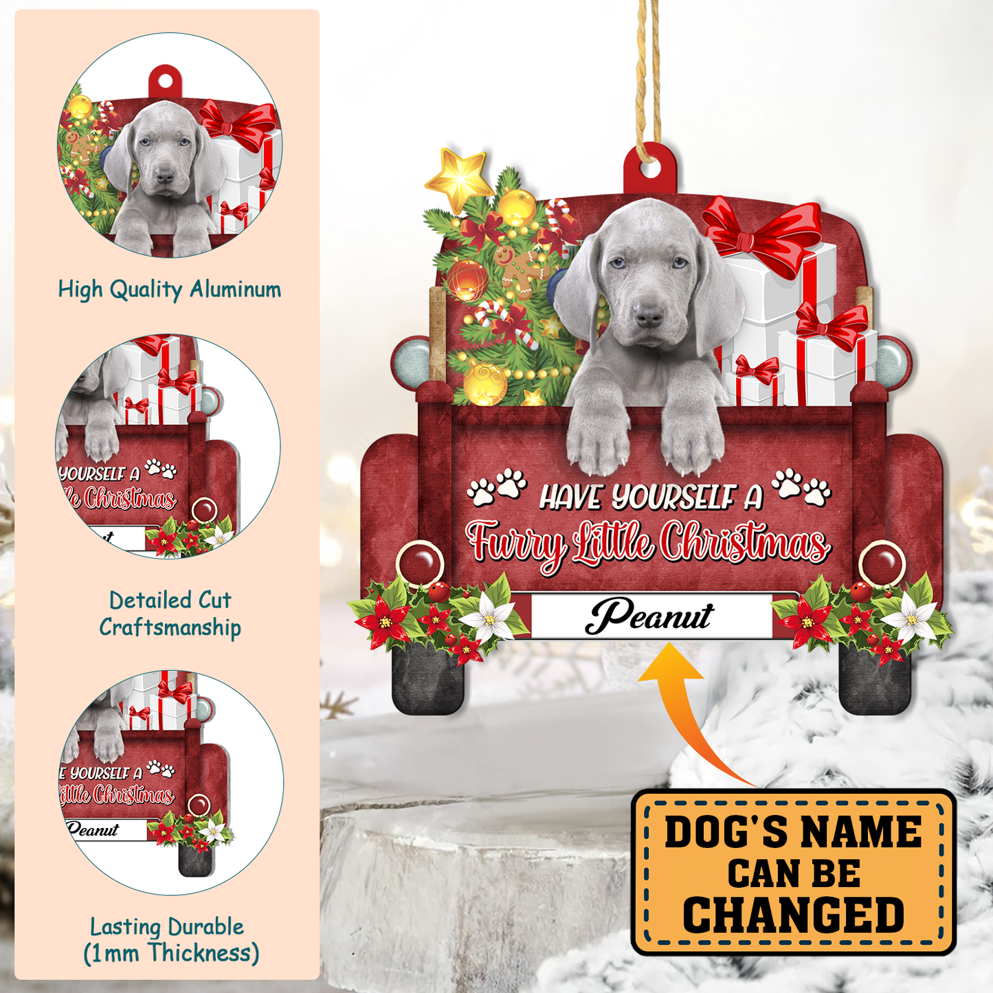 Personalized Weimaraner Red Truck Christmas Aluminum Ornament
