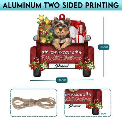 Personalized Yorkshire Terrier Red Truck Christmas Aluminum Ornament