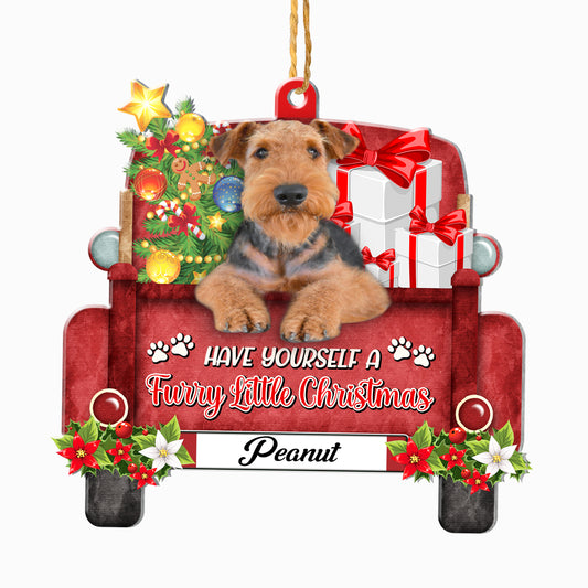 Personalized Airedale Terrier Red Truck Christmas Aluminum Ornament