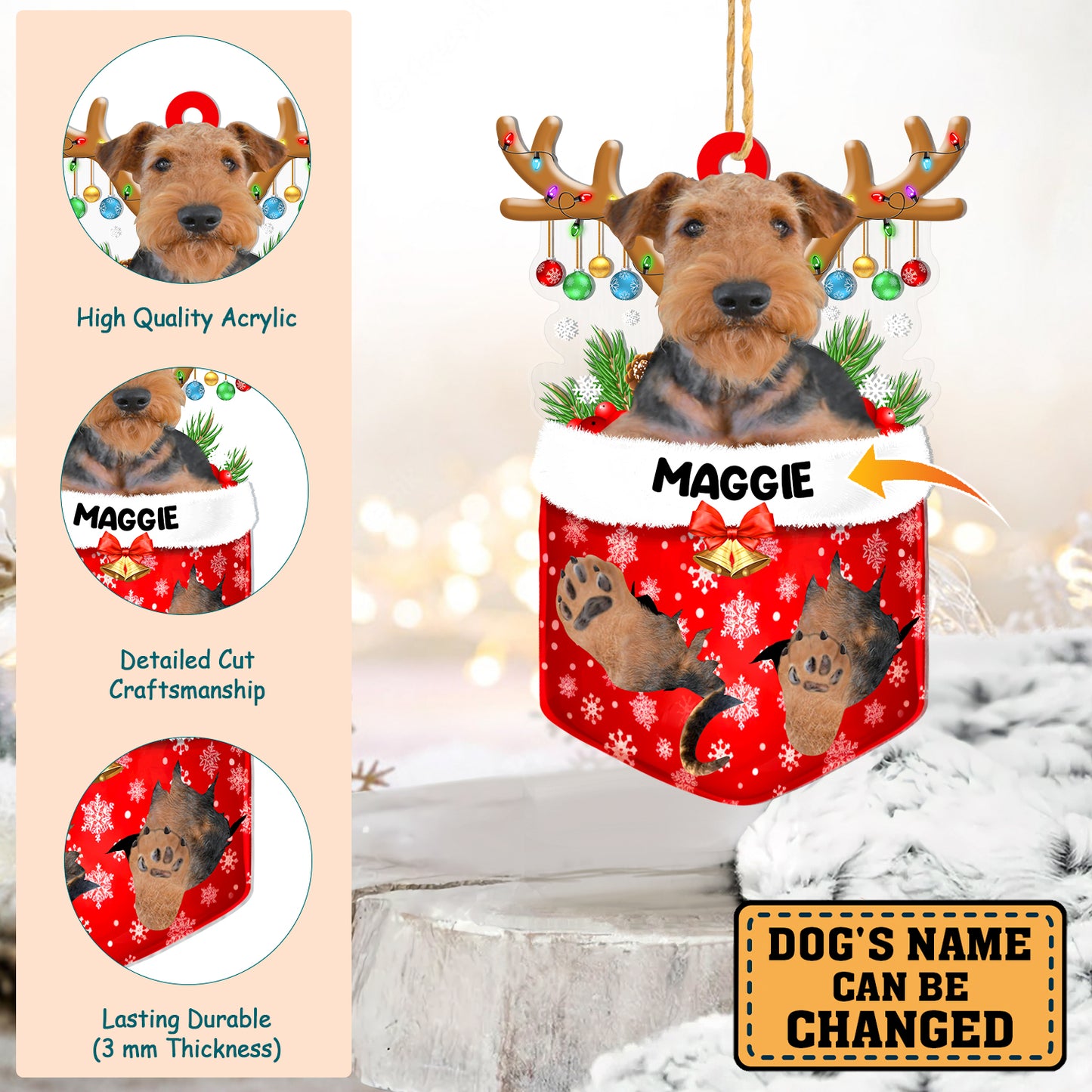 Personalized Airedale Terrier In Snow Pocket Christmas Acrylic Ornament