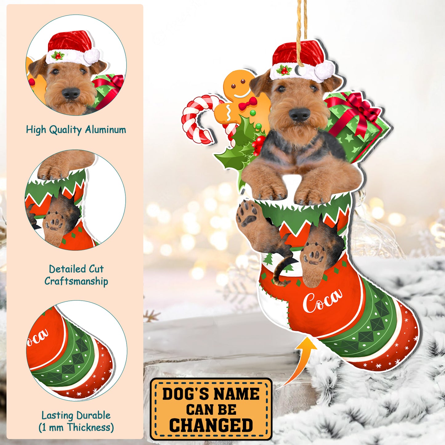 Personalized Airedale Terrier In Christmas Stocking Aluminum Ornament