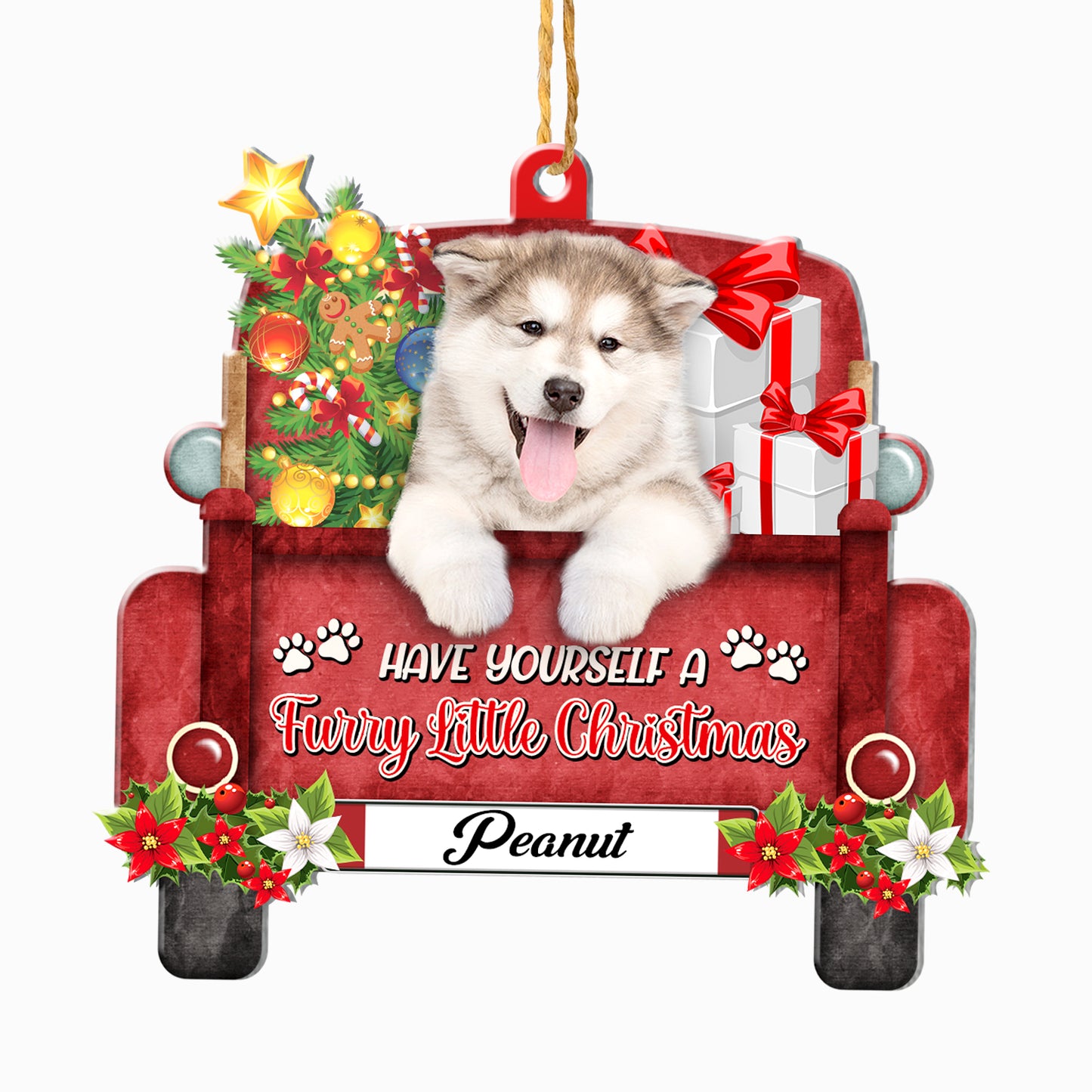 Personalized Alaskan Malamute Red Truck Christmas Aluminum Ornament