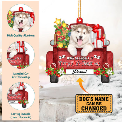 Personalized Alaskan Malamute Red Truck Christmas Aluminum Ornament