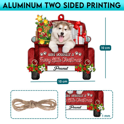 Personalized Alaskan Malamute Red Truck Christmas Aluminum Ornament