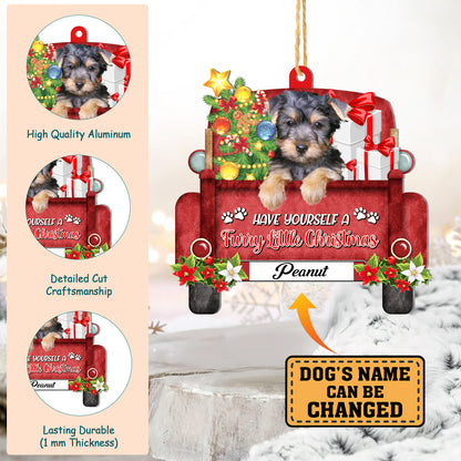 Personalized Australian Silky Terrier Red Truck Christmas Aluminum Ornament