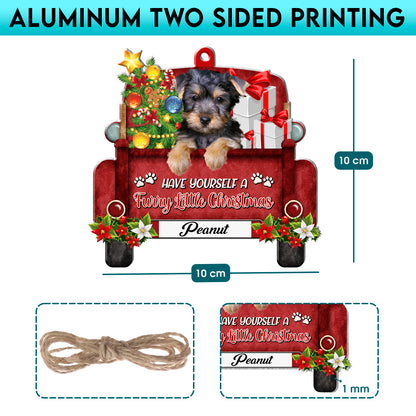 Personalized Australian Silky Terrier Red Truck Christmas Aluminum Ornament