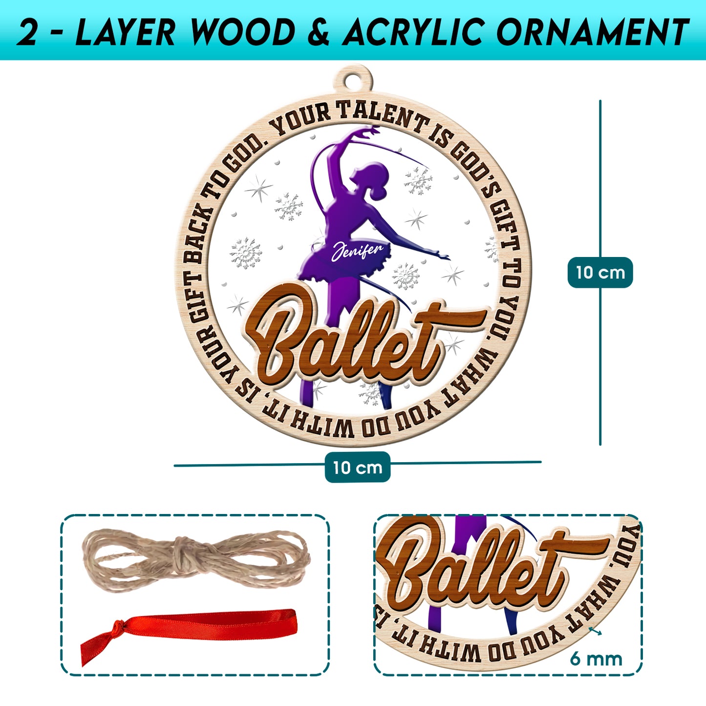 Personalized Ballet 2-Layer Wood & Acrylic Christmas Ornament