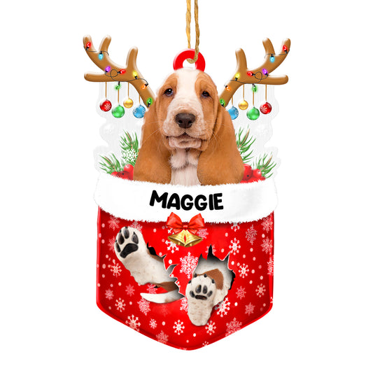 Personalized Basset Hound In Snow Pocket Christmas Acrylic Ornament
