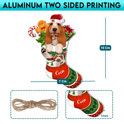 Personalized Basset Hound In Christmas Stocking Aluminum Ornament