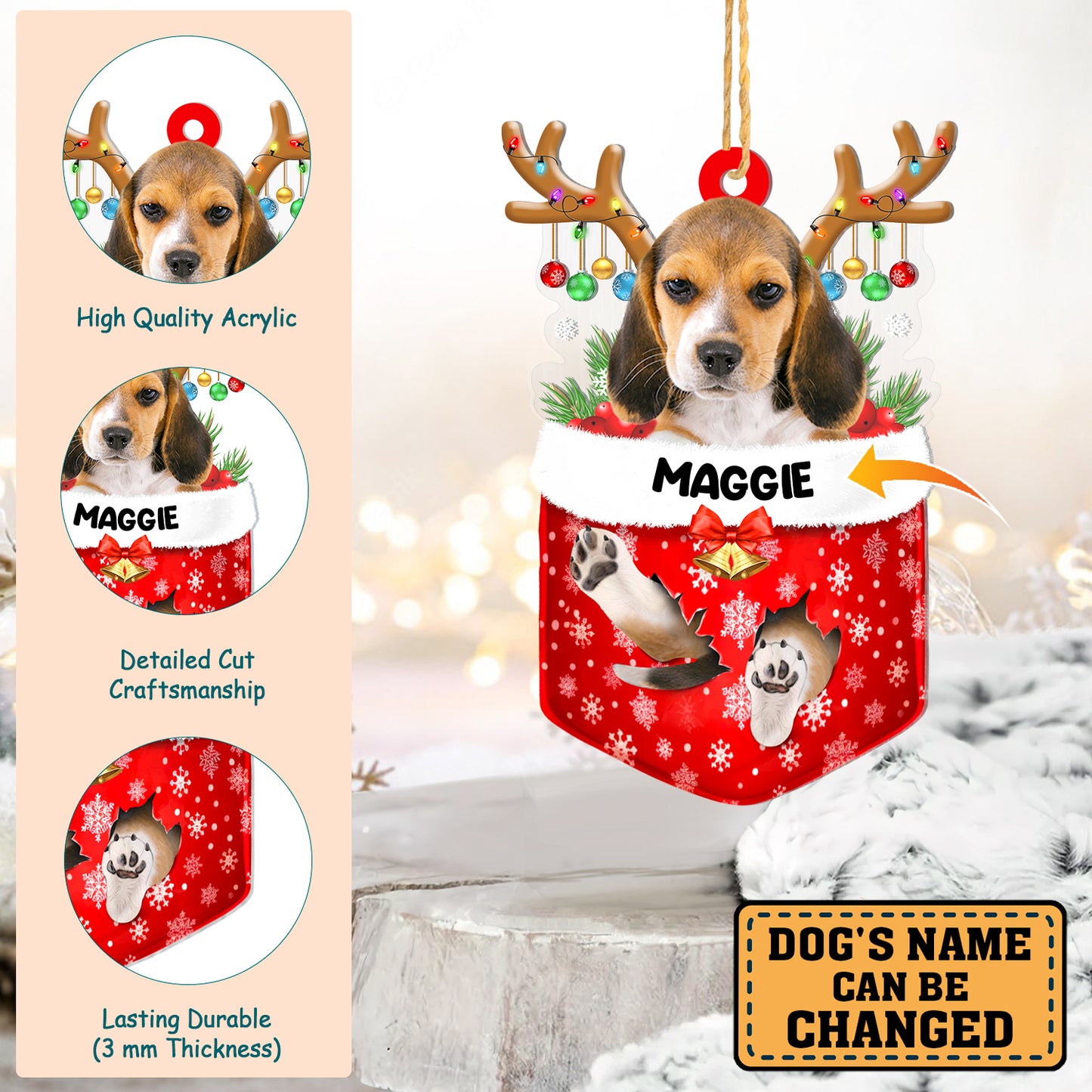 Personalized Beagle In Snow Pocket Christmas Acrylic Ornament