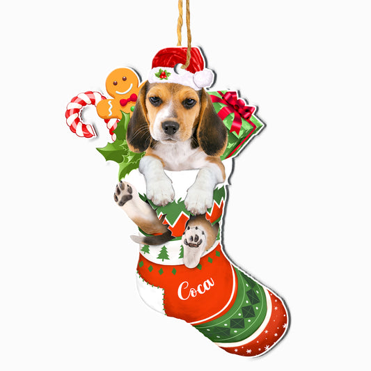 Personalized Beagle In Christmas Stocking Aluminum Ornament