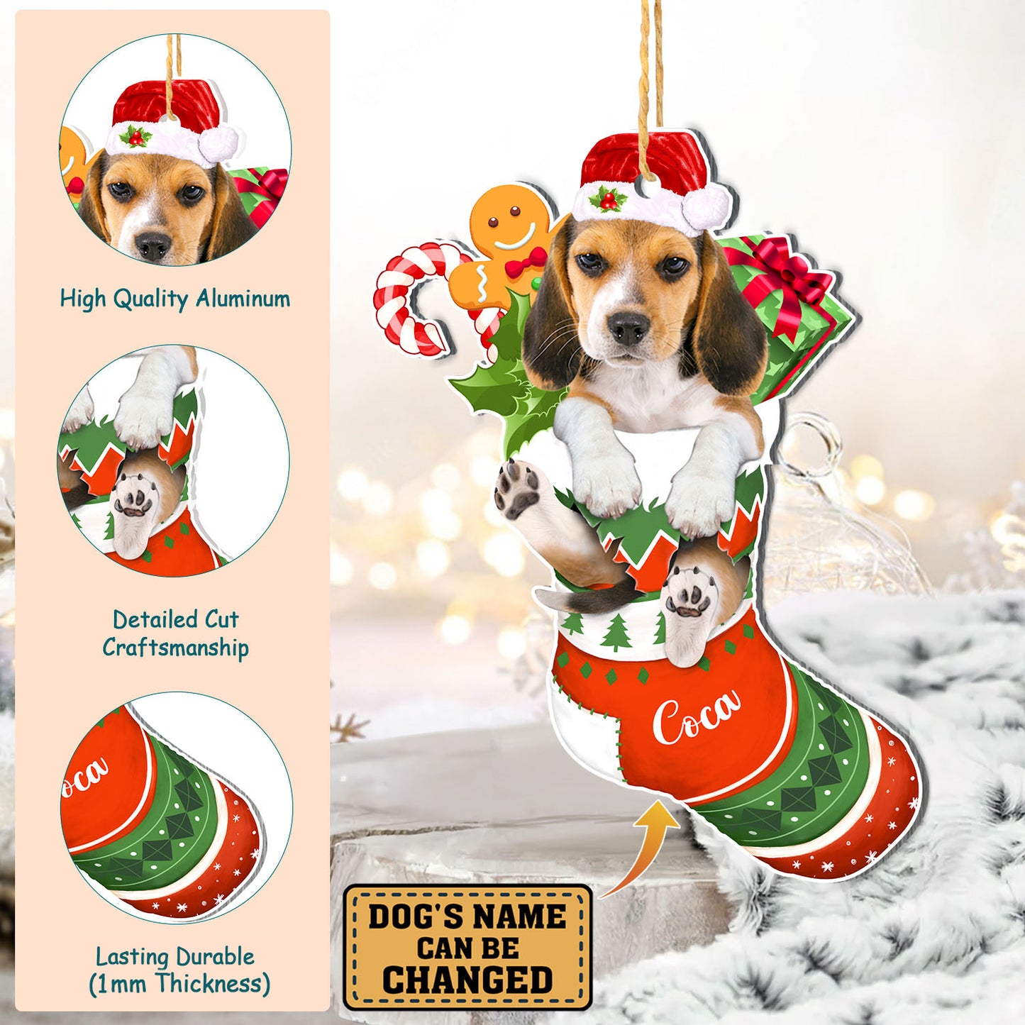 Personalized Beagle In Christmas Stocking Aluminum Ornament