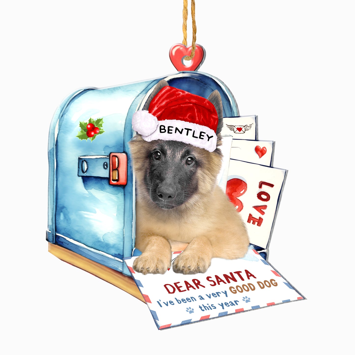 Personalized Belgian Malinois In Mailbox Christmas Aluminum Ornament