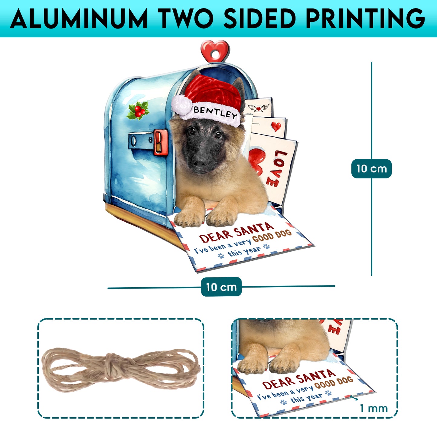 Personalized Belgian Malinois In Mailbox Christmas Aluminum Ornament
