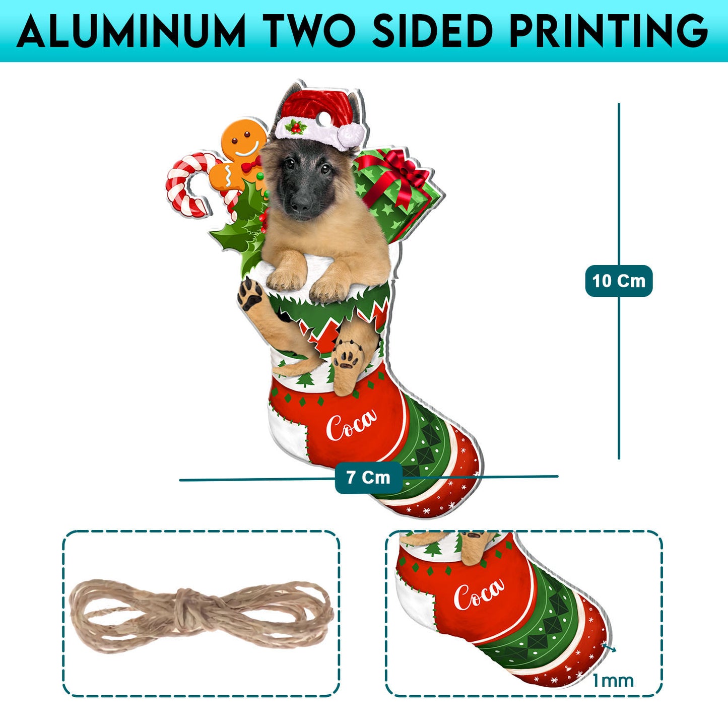 Personalized Belgian Malinois In Christmas Stocking Aluminum Ornament