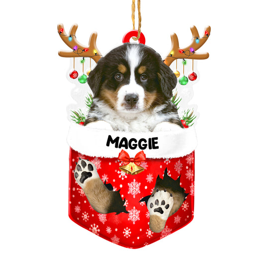 Personalized Bernese Mountain In Snow Pocket Christmas Acrylic Ornament