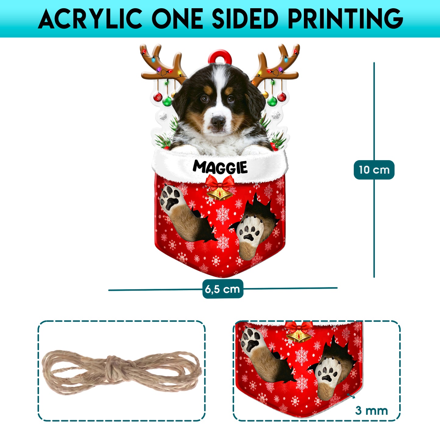 Personalized Bernese Mountain In Snow Pocket Christmas Acrylic Ornament