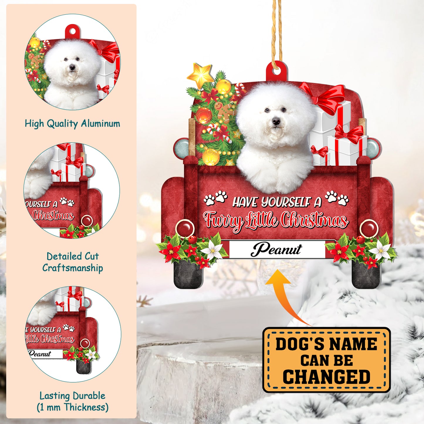 Personalized Bichon Frise Red Truck Christmas Aluminum Ornament