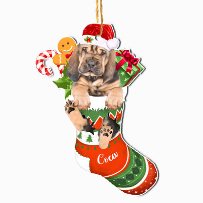 Personalized Blood Hound In Christmas Stocking Aluminum Ornament