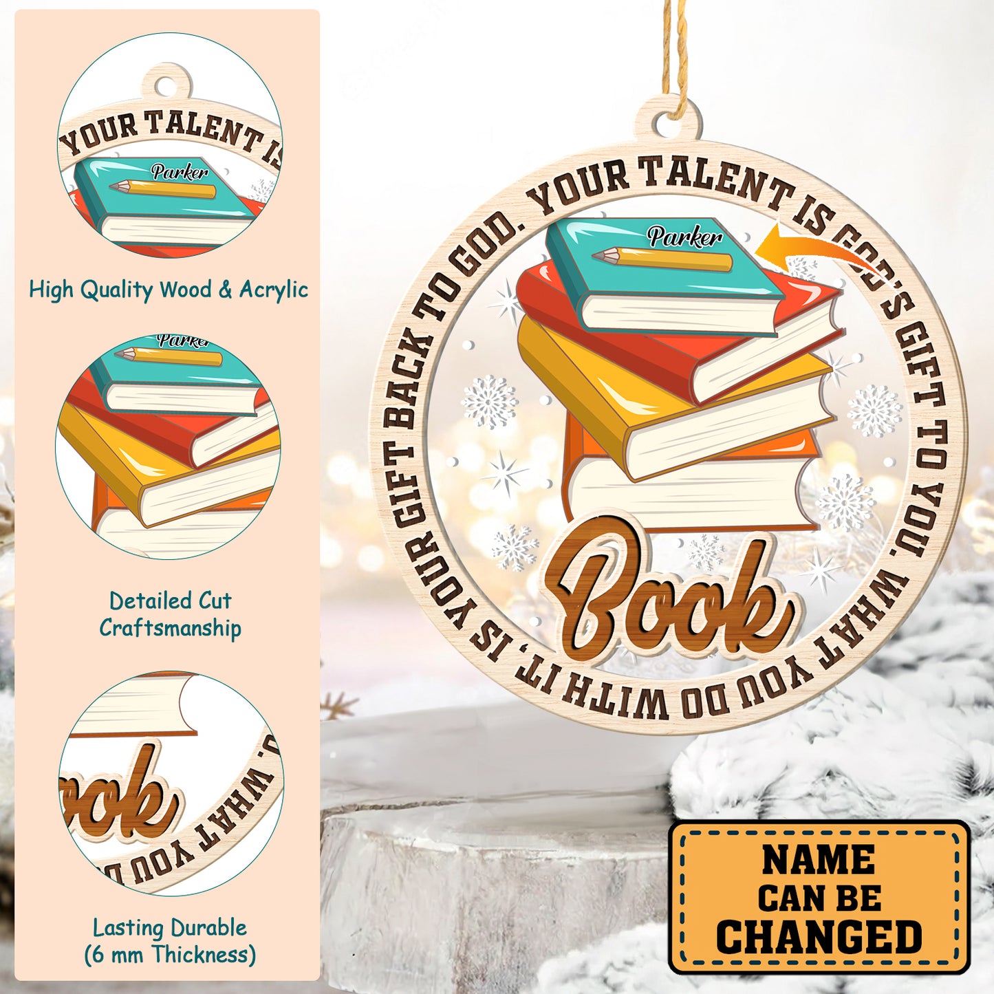 Personalized Reading Books 2-Layer Wood & Acrylic Christmas Ornament