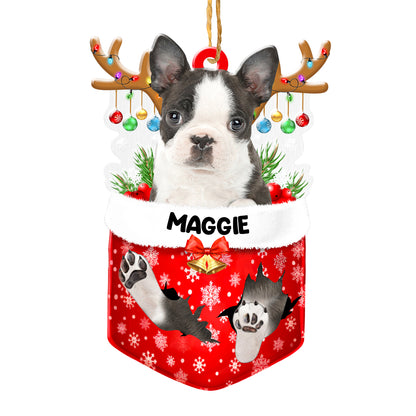 Personalized Black Boston Terrier In Snow Pocket Christmas Acrylic Ornament