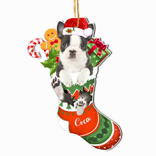 Personalized Black And White Boston Terrier In Christmas Stocking Aluminum Ornament