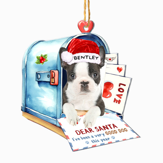 Personalized Black And White Boston Terrier In Mailbox Christmas Aluminum Ornament