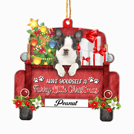 Personalized Black And White Boston Terrier Red Truck Christmas Aluminum Ornament
