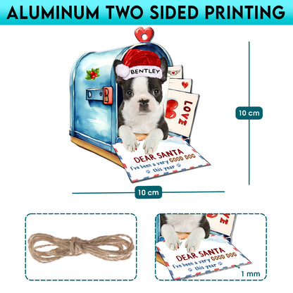 Personalized Black And White Boston Terrier In Mailbox Christmas Aluminum Ornament