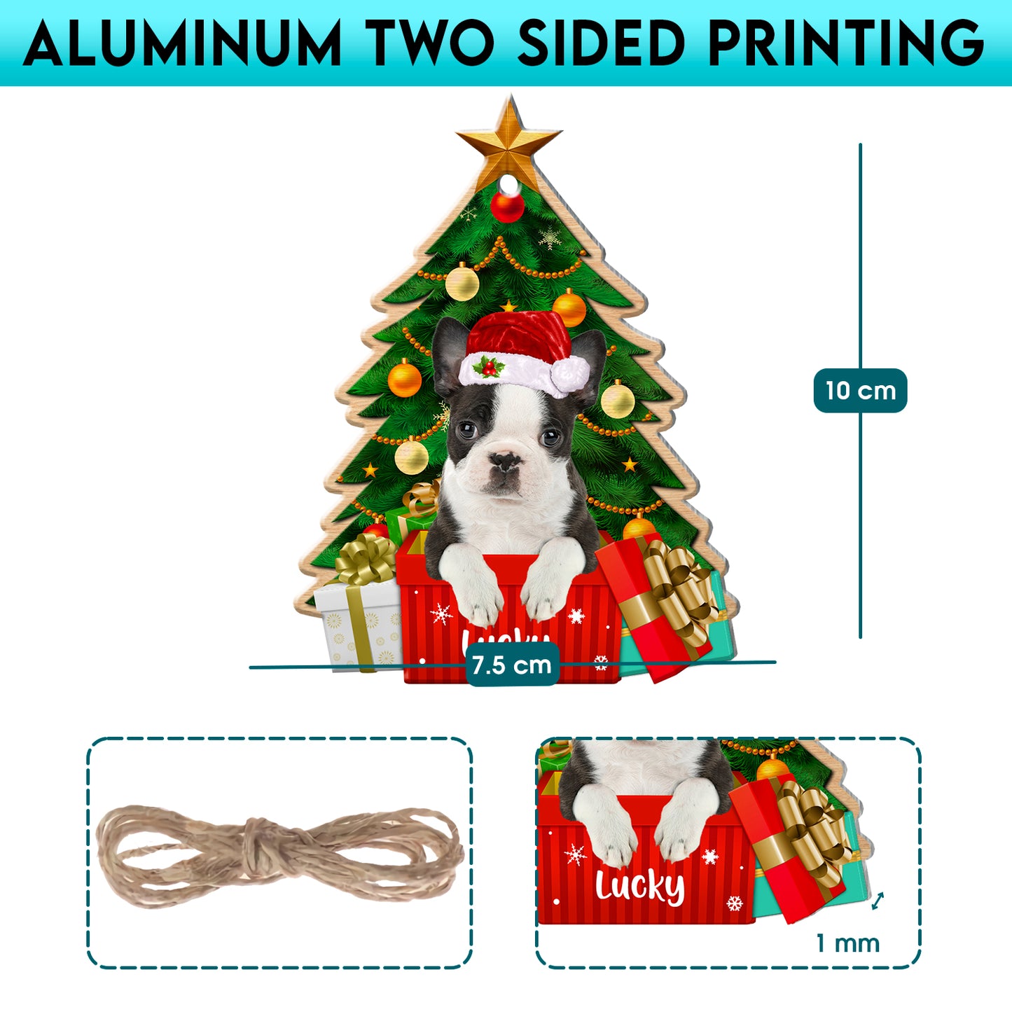 Personalized Black And White Boston Terrier Christmas Tree Aluminum Ornament