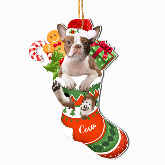 Personalized Brown Boston Terrier In Christmas Stocking Aluminum Ornament