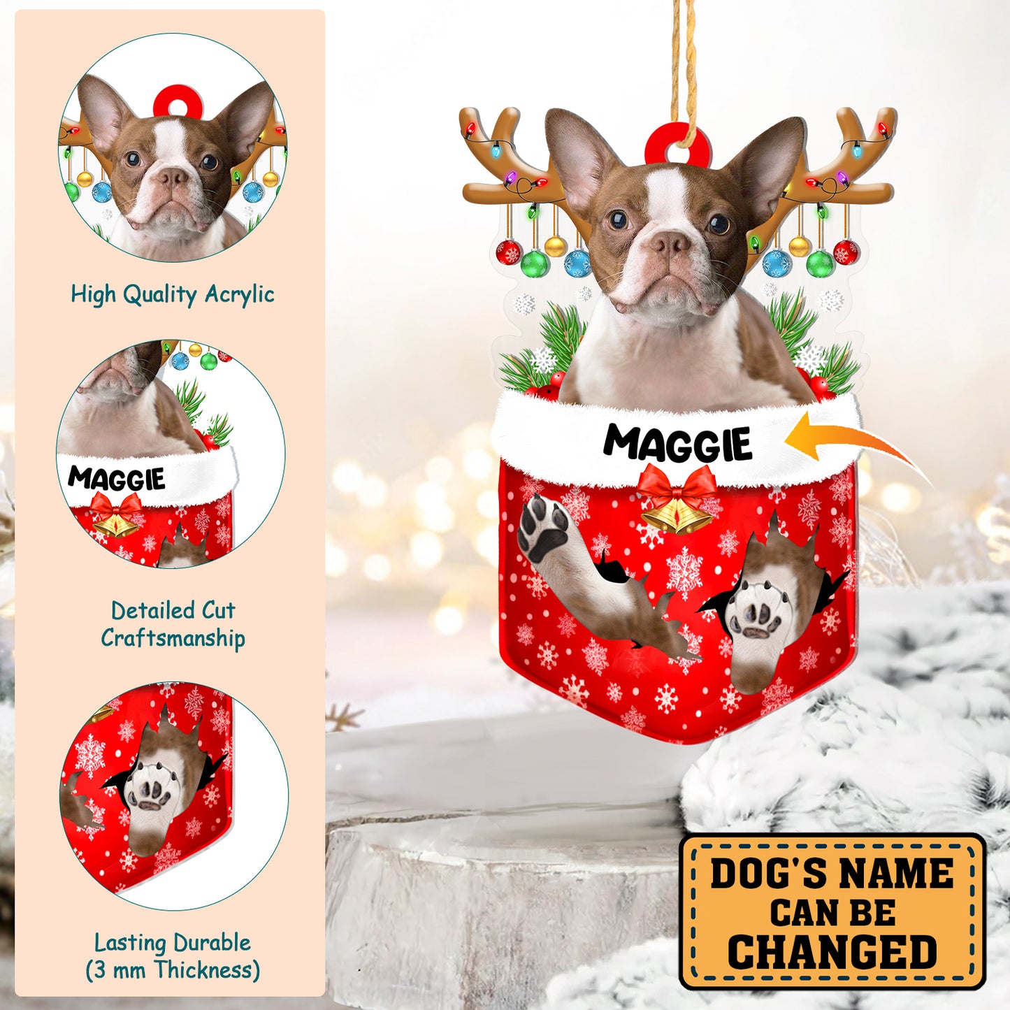 Personalized Brown Boston Terrier In Snow Pocket Christmas Acrylic Ornament