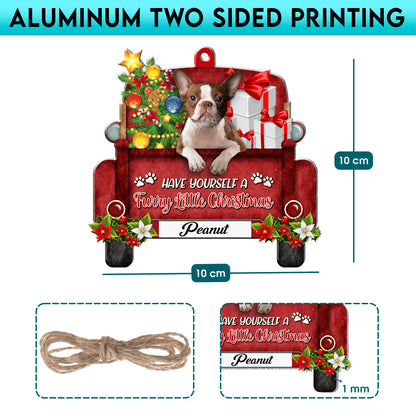 Personalized Brown Boston Terrier Red Truck Christmas Aluminum Ornament