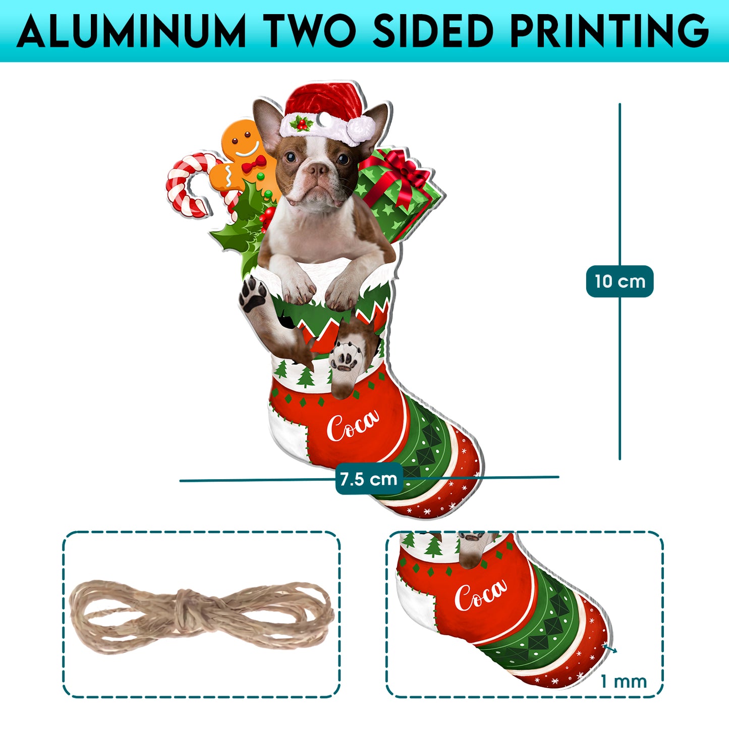 Personalized Brown Boston Terrier In Christmas Stocking Aluminum Ornament