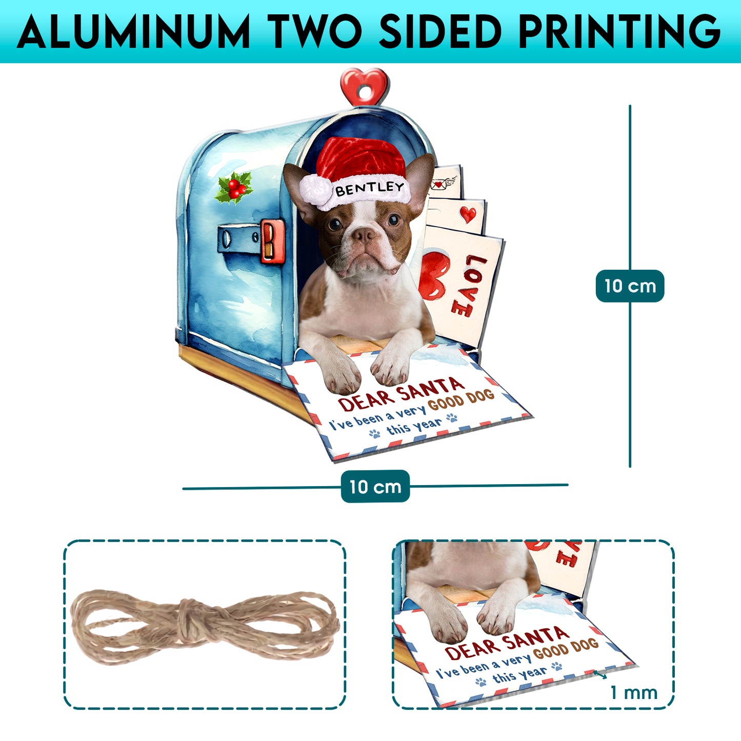 Personalized Brown Boston Terrier In Mailbox Christmas Aluminum Ornament