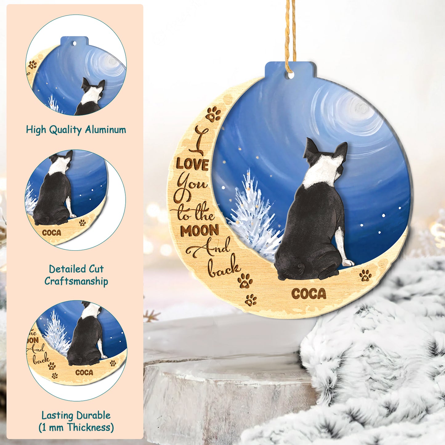Personalized Boston Terrier On Moon Aluminum Ornament