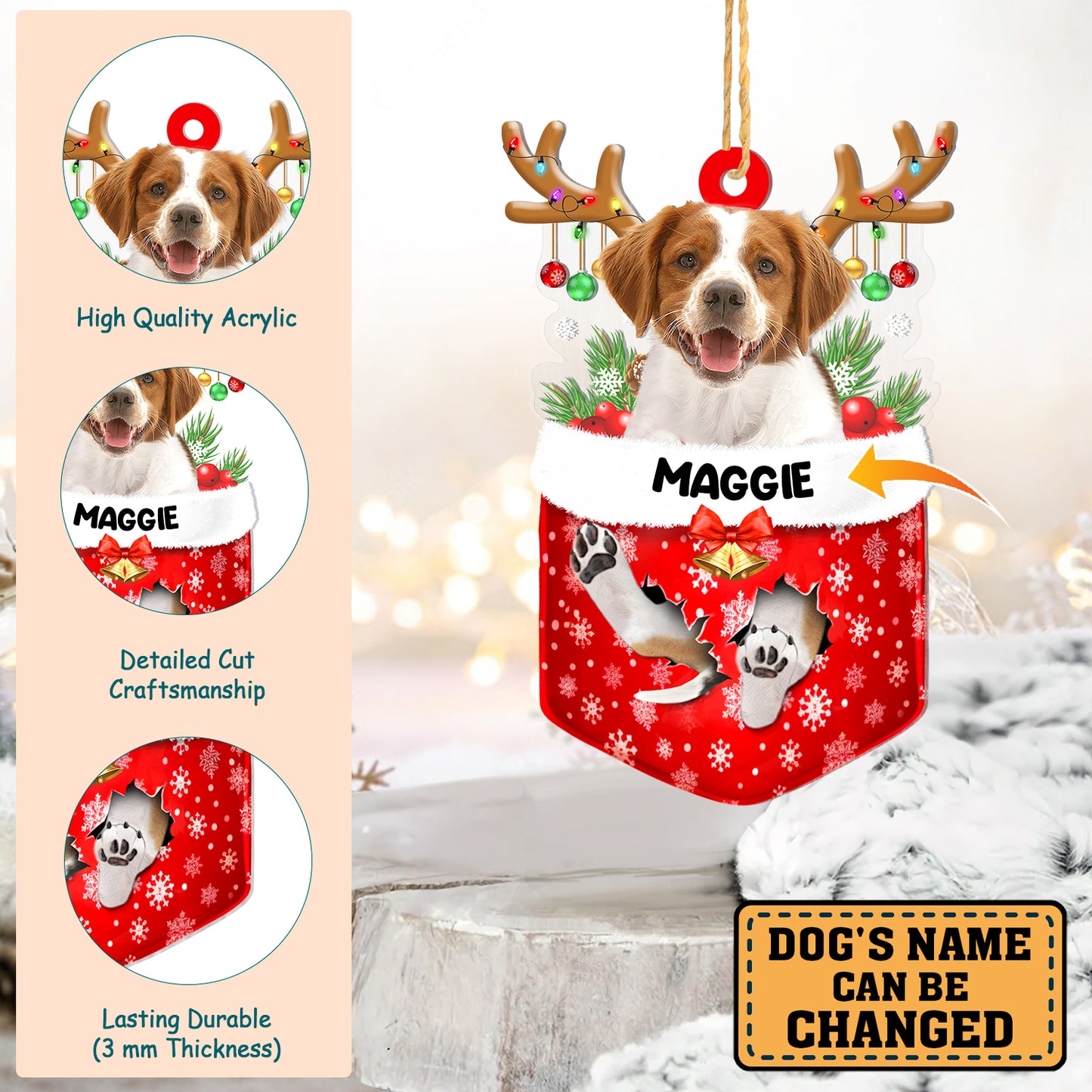 Personalized Brittany Spaniel In Snow Pocket Christmas Acrylic Ornament