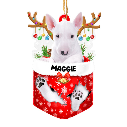 Personalized Bull Terrier In Snow Pocket Christmas Acrylic Ornament