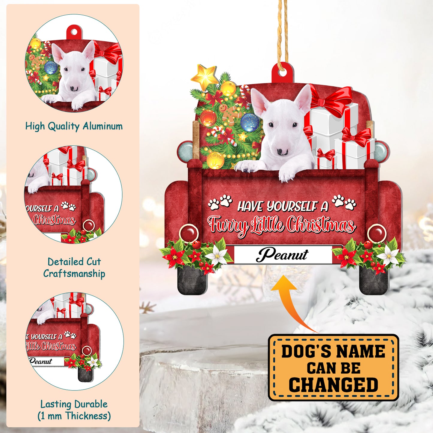 Personalized Bull Terrier Red Truck Christmas Aluminum Ornament