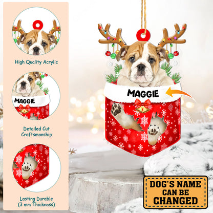 Personalized Bulldog In Snow Pocket Christmas Acrylic Ornament