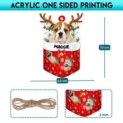 Personalized Bulldog In Snow Pocket Christmas Acrylic Ornament