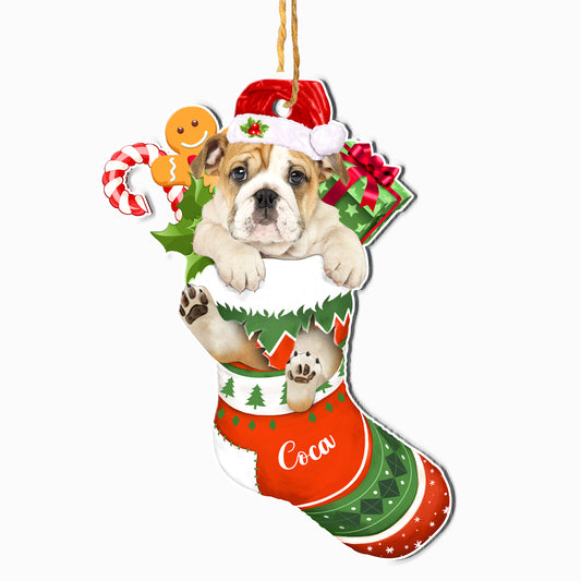 Personalized Bulldog In Christmas Stocking Aluminum Ornament
