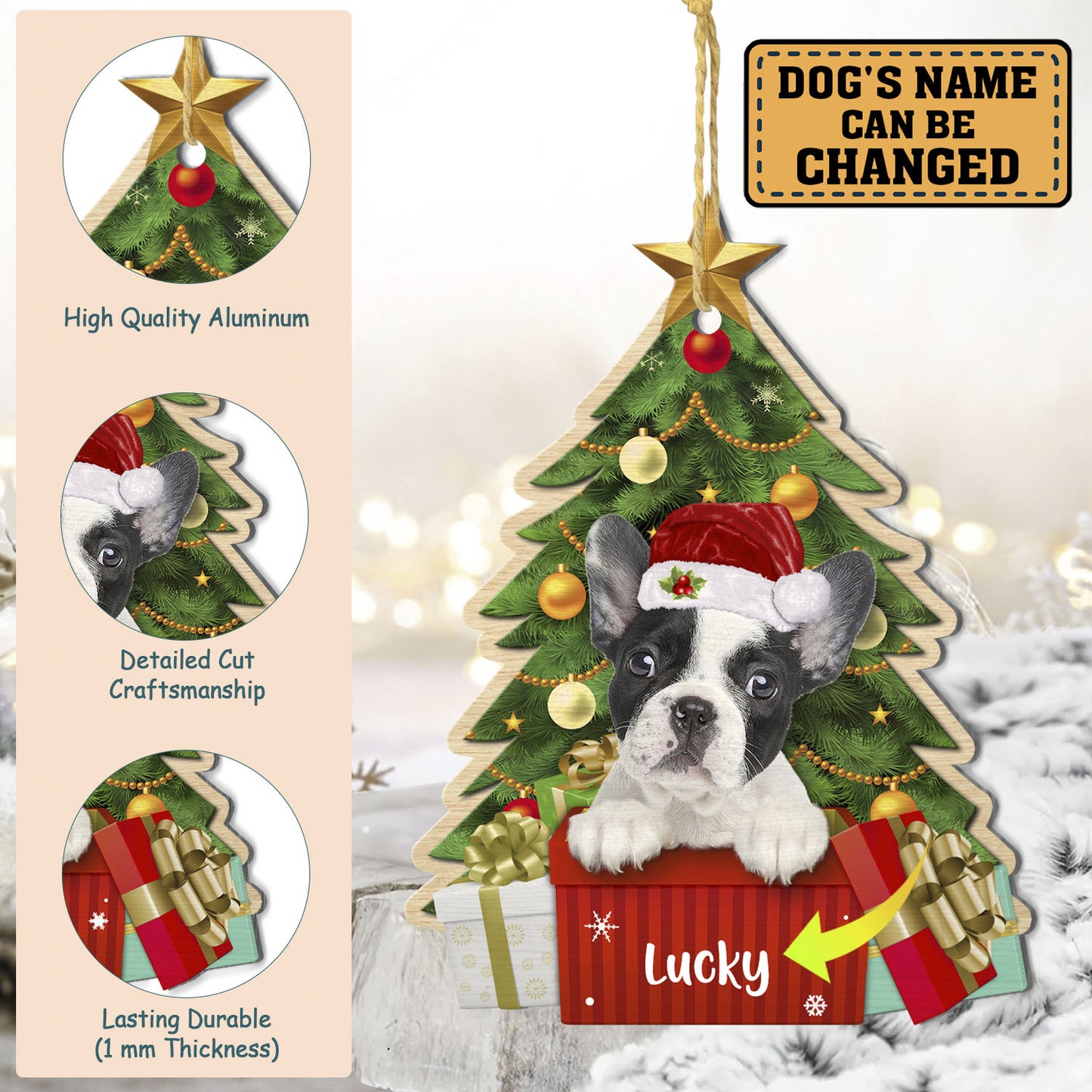 Personalized Black And White Bulldog Christmas Tree Aluminum Ornament