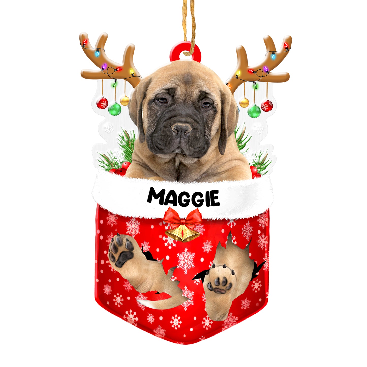 Personalized Bullmastiff In Snow Pocket Christmas Acrylic Ornament